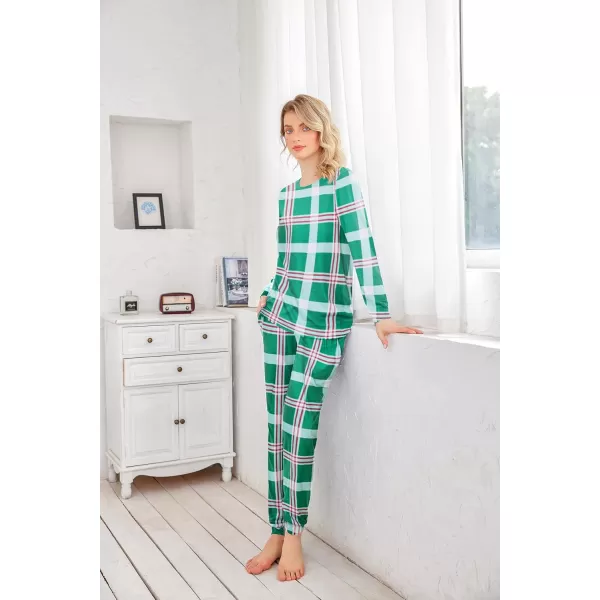 Ekouaer Womens Jogger Pajama Sets Long Sleeve Sleepwear Round Neck Nightwear Soft Pjs Lounge Sets with PocketsGreen Plaid