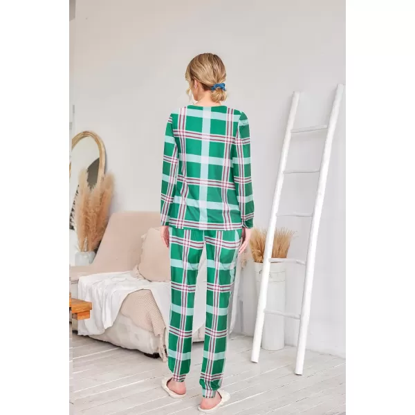 Ekouaer Womens Jogger Pajama Sets Long Sleeve Sleepwear Round Neck Nightwear Soft Pjs Lounge Sets with PocketsGreen Plaid