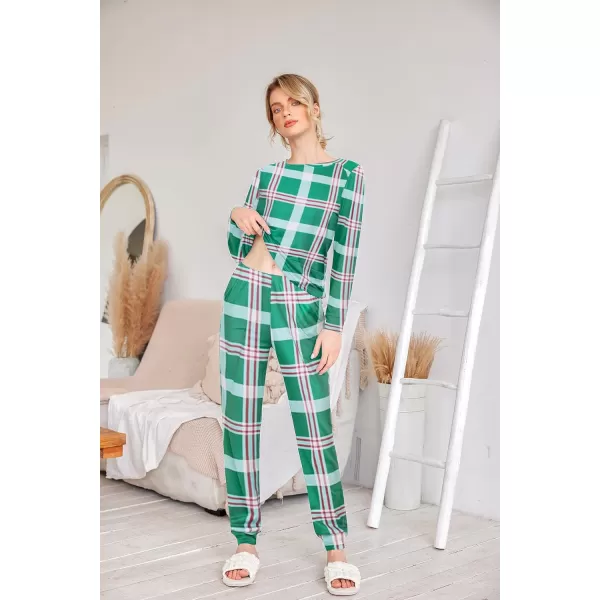 Ekouaer Womens Jogger Pajama Sets Long Sleeve Sleepwear Round Neck Nightwear Soft Pjs Lounge Sets with PocketsGreen Plaid