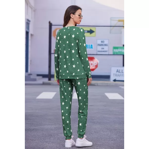 Ekouaer Womens Jogger Pajama Sets Long Sleeve Sleepwear Round Neck Nightwear Soft Pjs Lounge Sets with PocketsGreen White Star