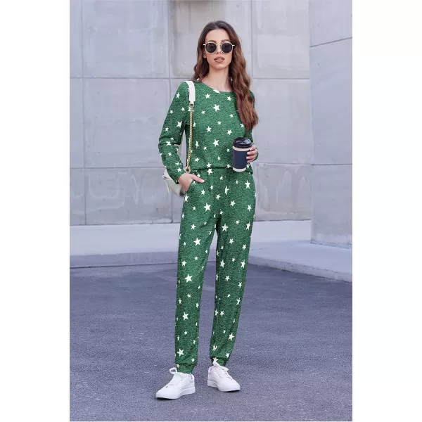 Ekouaer Womens Jogger Pajama Sets Long Sleeve Sleepwear Round Neck Nightwear Soft Pjs Lounge Sets with PocketsGreen White Star