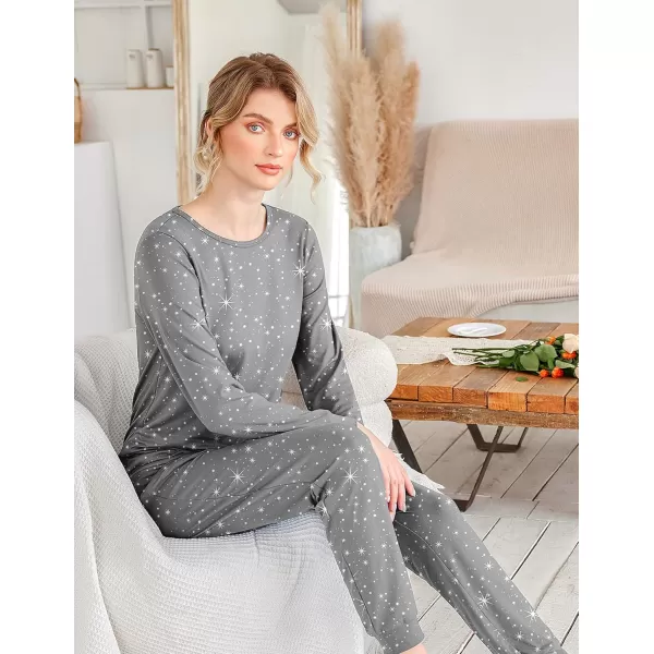 Ekouaer Womens Jogger Pajama Sets Long Sleeve Sleepwear Round Neck Nightwear Soft Pjs Lounge Sets with PocketsGrey White Star