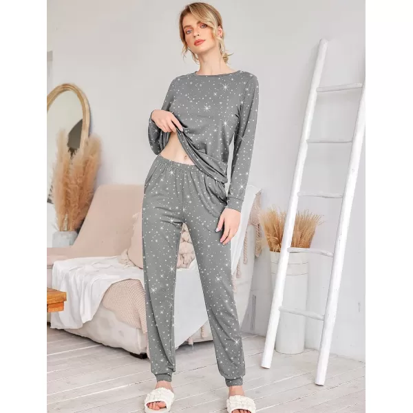 Ekouaer Womens Jogger Pajama Sets Long Sleeve Sleepwear Round Neck Nightwear Soft Pjs Lounge Sets with PocketsGrey White Star