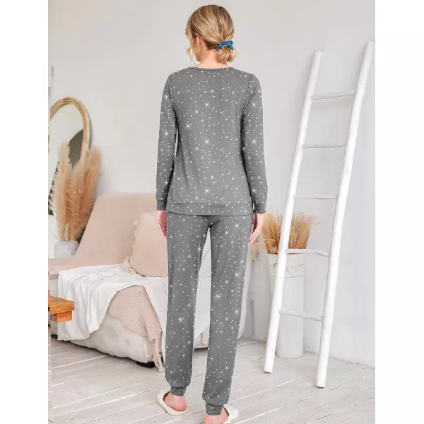 Ekouaer Womens Jogger Pajama Sets Long Sleeve Sleepwear Round Neck Nightwear Soft Pjs Lounge Sets with PocketsGrey White Star