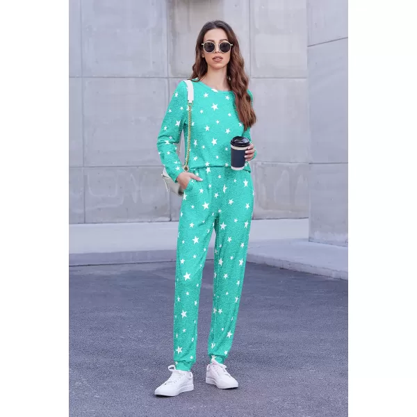 Ekouaer Womens Jogger Pajama Sets Long Sleeve Sleepwear Round Neck Nightwear Soft Pjs Lounge Sets with PocketsLake Blue White Star