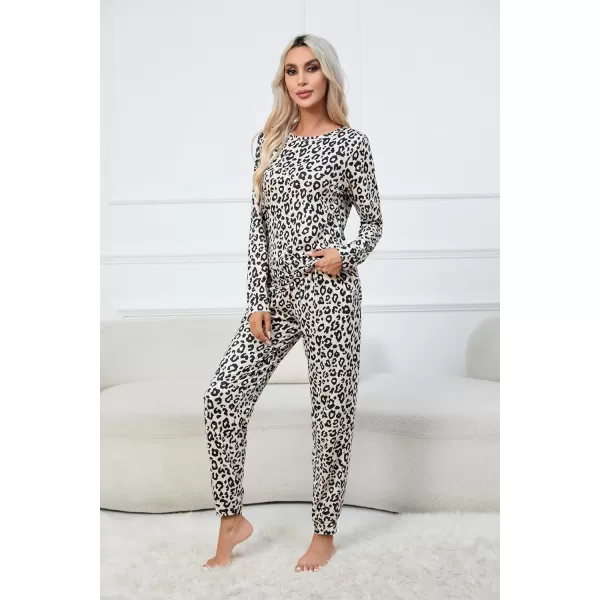 Ekouaer Womens Jogger Pajama Sets Long Sleeve Sleepwear Round Neck Nightwear Soft Pjs Lounge Sets with PocketsLeopard