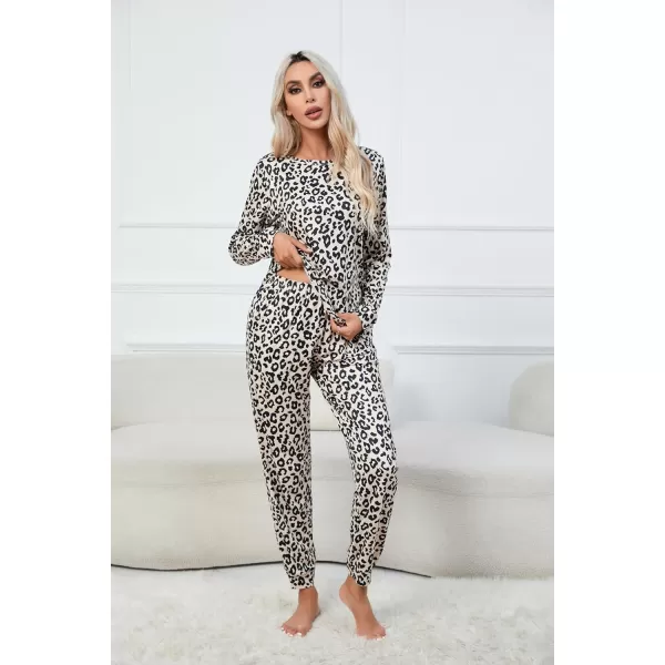 Ekouaer Womens Jogger Pajama Sets Long Sleeve Sleepwear Round Neck Nightwear Soft Pjs Lounge Sets with PocketsLeopard