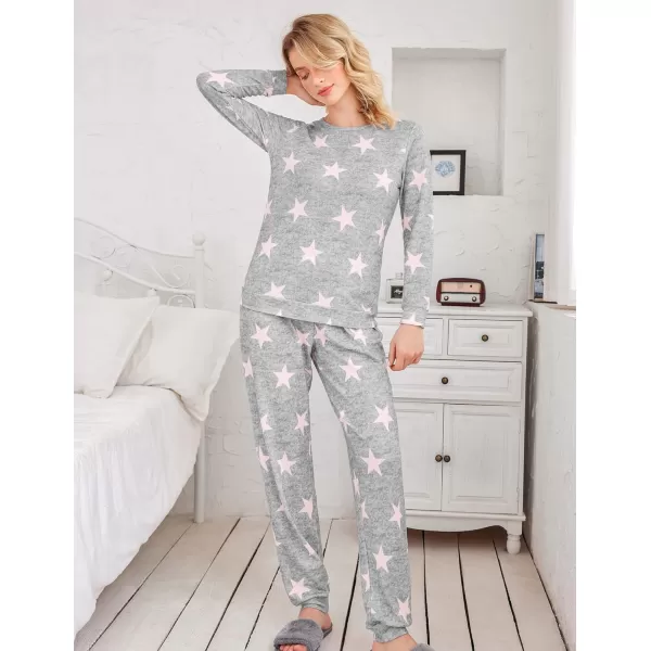 Ekouaer Womens Jogger Pajama Sets Long Sleeve Sleepwear Round Neck Nightwear Soft Pjs Lounge Sets with PocketsLight Grey Pink Star