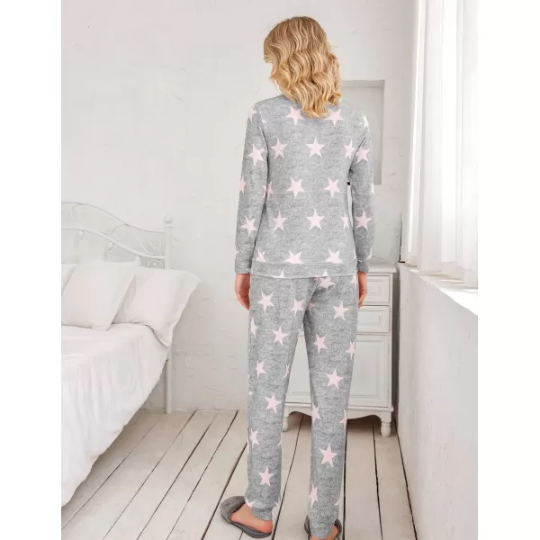 Ekouaer Womens Jogger Pajama Sets Long Sleeve Sleepwear Round Neck Nightwear Soft Pjs Lounge Sets with PocketsLight Grey Pink Star