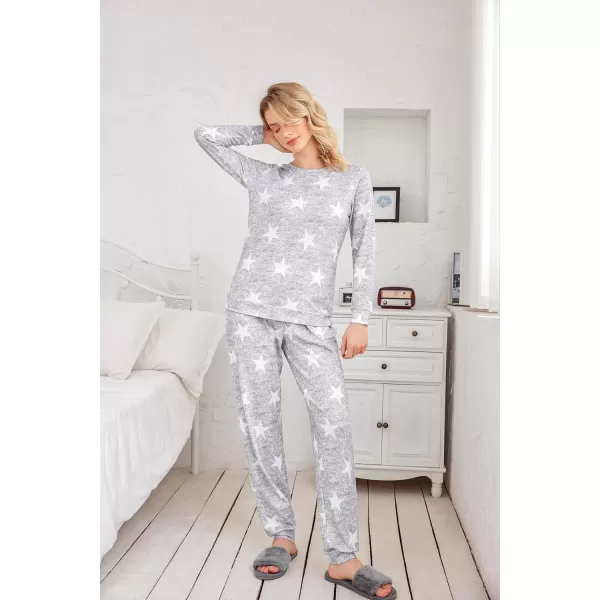 Ekouaer Womens Jogger Pajama Sets Long Sleeve Sleepwear Round Neck Nightwear Soft Pjs Lounge Sets with PocketsLight Grey White Star