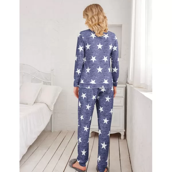 Ekouaer Womens Jogger Pajama Sets Long Sleeve Sleepwear Round Neck Nightwear Soft Pjs Lounge Sets with PocketsLong Blue White Star