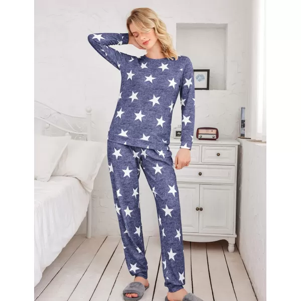 Ekouaer Womens Jogger Pajama Sets Long Sleeve Sleepwear Round Neck Nightwear Soft Pjs Lounge Sets with PocketsLong Blue White Star