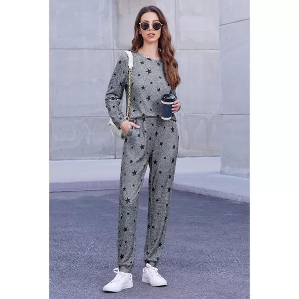 Ekouaer Womens Jogger Pajama Sets Long Sleeve Sleepwear Round Neck Nightwear Soft Pjs Lounge Sets with PocketsMedium Grey Black Star