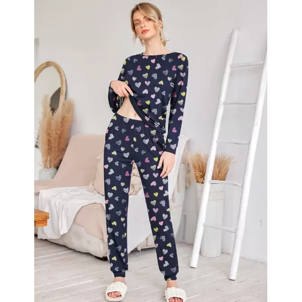 Ekouaer Womens Jogger Pajama Sets Long Sleeve Sleepwear Round Neck Nightwear Soft Pjs Lounge Sets with PocketsNavy Heart