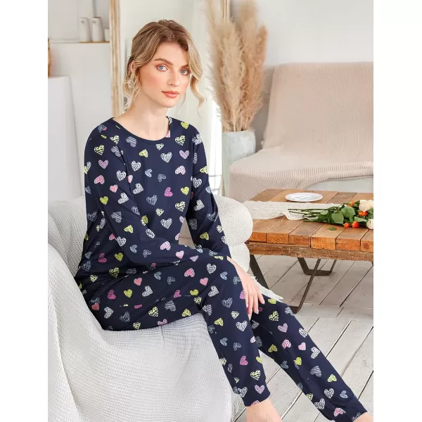 Ekouaer Womens Jogger Pajama Sets Long Sleeve Sleepwear Round Neck Nightwear Soft Pjs Lounge Sets with PocketsNavy Heart