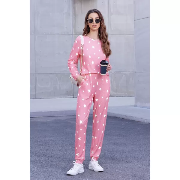 Ekouaer Womens Jogger Pajama Sets Long Sleeve Sleepwear Round Neck Nightwear Soft Pjs Lounge Sets with PocketsPink White Star