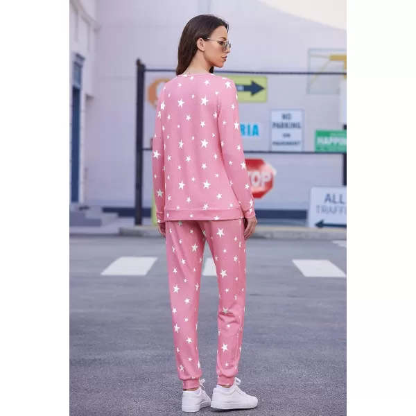 Ekouaer Womens Jogger Pajama Sets Long Sleeve Sleepwear Round Neck Nightwear Soft Pjs Lounge Sets with PocketsPink White Star