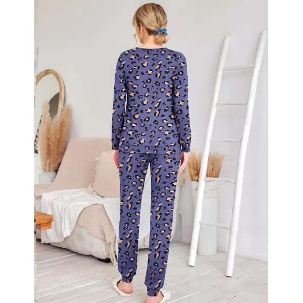 Ekouaer Womens Jogger Pajama Sets Long Sleeve Sleepwear Round Neck Nightwear Soft Pjs Lounge Sets with PocketsPurple Leopard