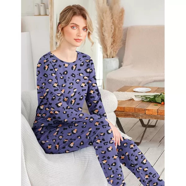 Ekouaer Womens Jogger Pajama Sets Long Sleeve Sleepwear Round Neck Nightwear Soft Pjs Lounge Sets with PocketsPurple Leopard