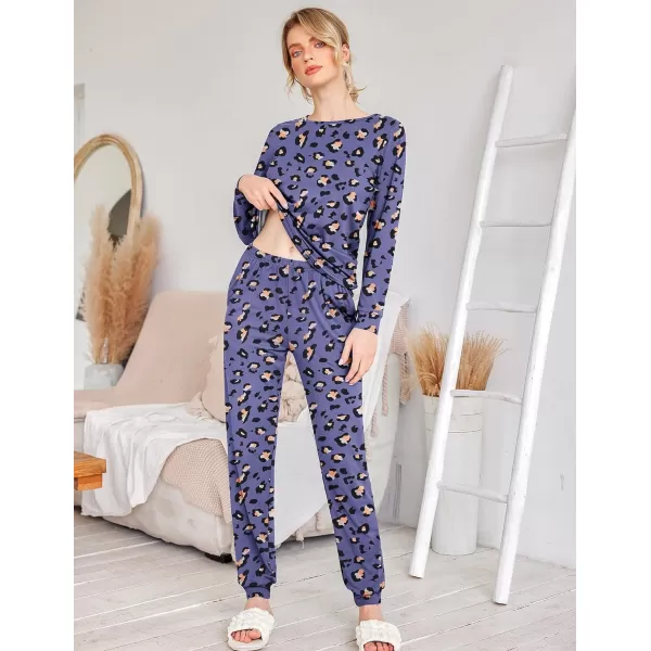 Ekouaer Womens Jogger Pajama Sets Long Sleeve Sleepwear Round Neck Nightwear Soft Pjs Lounge Sets with PocketsPurple Leopard