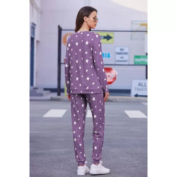 Ekouaer Womens Jogger Pajama Sets Long Sleeve Sleepwear Round Neck Nightwear Soft Pjs Lounge Sets with PocketsPurple White Star