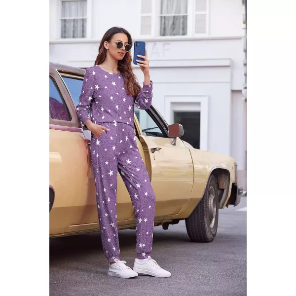 Ekouaer Womens Jogger Pajama Sets Long Sleeve Sleepwear Round Neck Nightwear Soft Pjs Lounge Sets with PocketsPurple White Star
