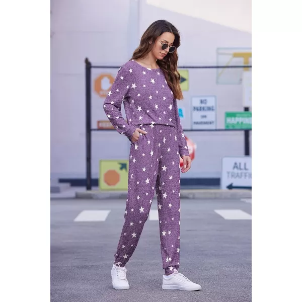 Ekouaer Womens Jogger Pajama Sets Long Sleeve Sleepwear Round Neck Nightwear Soft Pjs Lounge Sets with PocketsPurple White Star