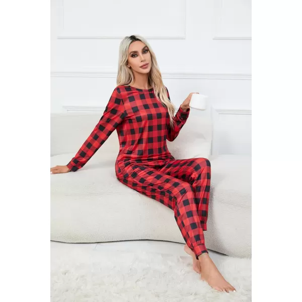 Ekouaer Womens Jogger Pajama Sets Long Sleeve Sleepwear Round Neck Nightwear Soft Pjs Lounge Sets with PocketsRed Plaid