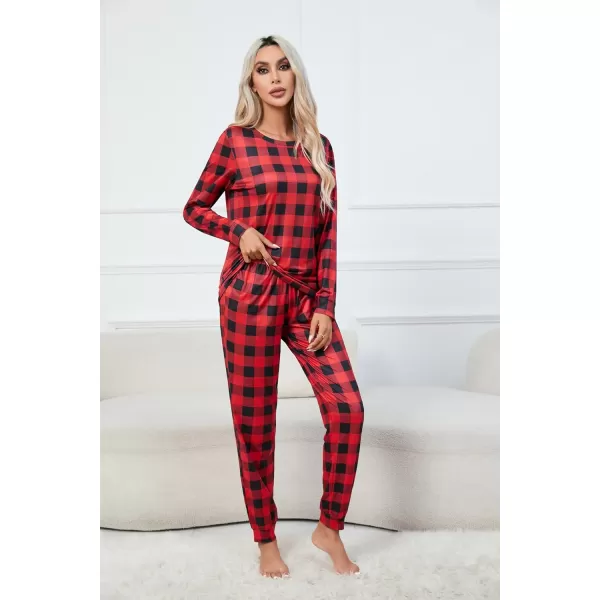 Ekouaer Womens Jogger Pajama Sets Long Sleeve Sleepwear Round Neck Nightwear Soft Pjs Lounge Sets with PocketsRed Plaid