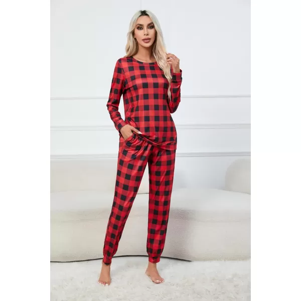 Ekouaer Womens Jogger Pajama Sets Long Sleeve Sleepwear Round Neck Nightwear Soft Pjs Lounge Sets with PocketsRed Plaid