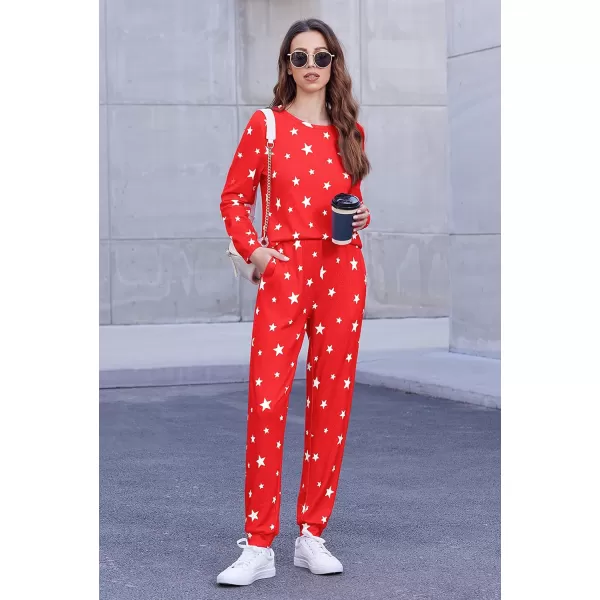 Ekouaer Womens Jogger Pajama Sets Long Sleeve Sleepwear Round Neck Nightwear Soft Pjs Lounge Sets with PocketsRed White Star