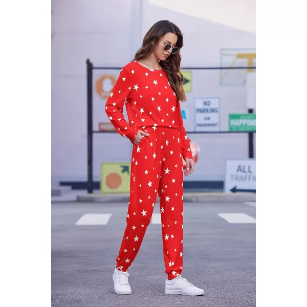 Ekouaer Womens Jogger Pajama Sets Long Sleeve Sleepwear Round Neck Nightwear Soft Pjs Lounge Sets with PocketsRed White Star