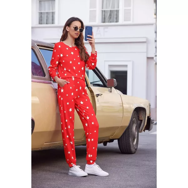 Ekouaer Womens Jogger Pajama Sets Long Sleeve Sleepwear Round Neck Nightwear Soft Pjs Lounge Sets with PocketsRed White Star