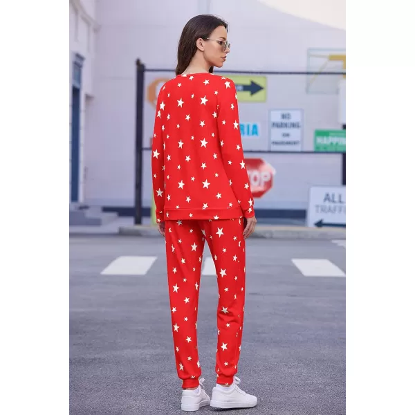 Ekouaer Womens Jogger Pajama Sets Long Sleeve Sleepwear Round Neck Nightwear Soft Pjs Lounge Sets with PocketsRed White Star