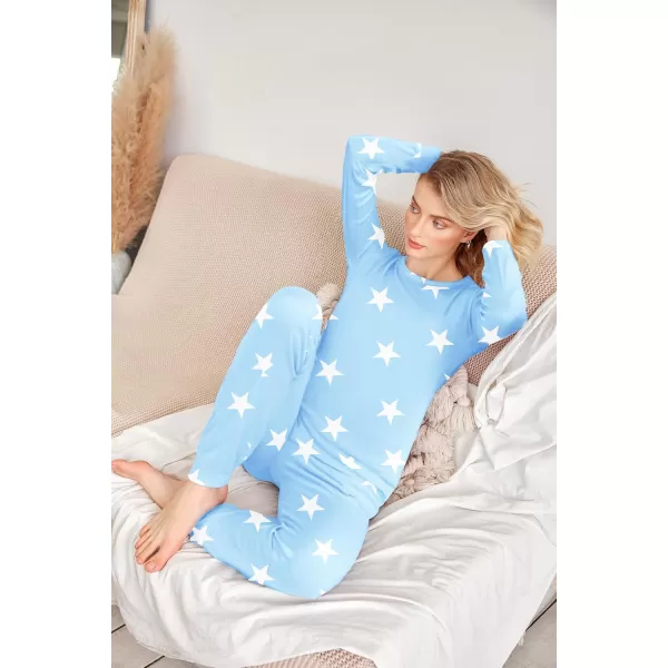 Ekouaer Womens Jogger Pajama Sets Long Sleeve Sleepwear Round Neck Nightwear Soft Pjs Lounge Sets with PocketsSky Blue White Star