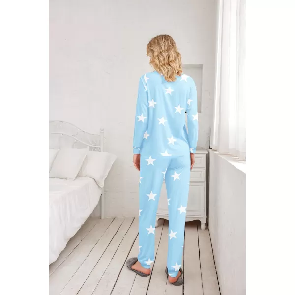 Ekouaer Womens Jogger Pajama Sets Long Sleeve Sleepwear Round Neck Nightwear Soft Pjs Lounge Sets with PocketsSky Blue White Star