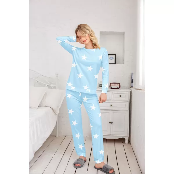 Ekouaer Womens Jogger Pajama Sets Long Sleeve Sleepwear Round Neck Nightwear Soft Pjs Lounge Sets with PocketsSky Blue White Star