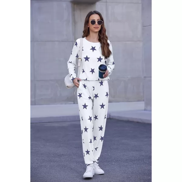 Ekouaer Womens Jogger Pajama Sets Long Sleeve Sleepwear Round Neck Nightwear Soft Pjs Lounge Sets with PocketsWhite Blue Star