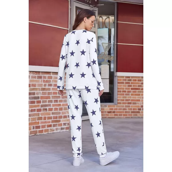 Ekouaer Womens Jogger Pajama Sets Long Sleeve Sleepwear Round Neck Nightwear Soft Pjs Lounge Sets with PocketsWhite Blue Star