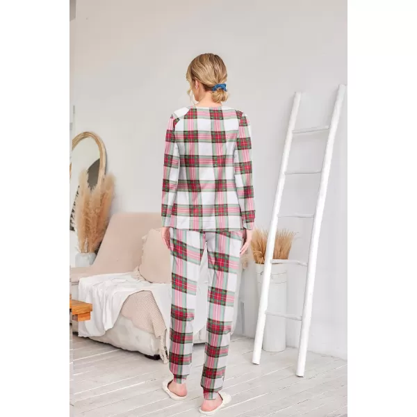 Ekouaer Womens Jogger Pajama Sets Long Sleeve Sleepwear Round Neck Nightwear Soft Pjs Lounge Sets with PocketsWhite Red Green Plaid