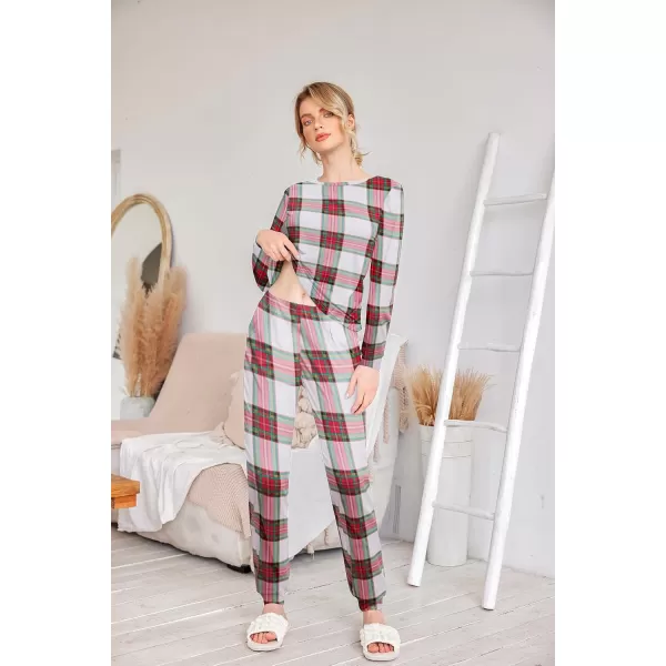 Ekouaer Womens Jogger Pajama Sets Long Sleeve Sleepwear Round Neck Nightwear Soft Pjs Lounge Sets with PocketsWhite Red Green Plaid