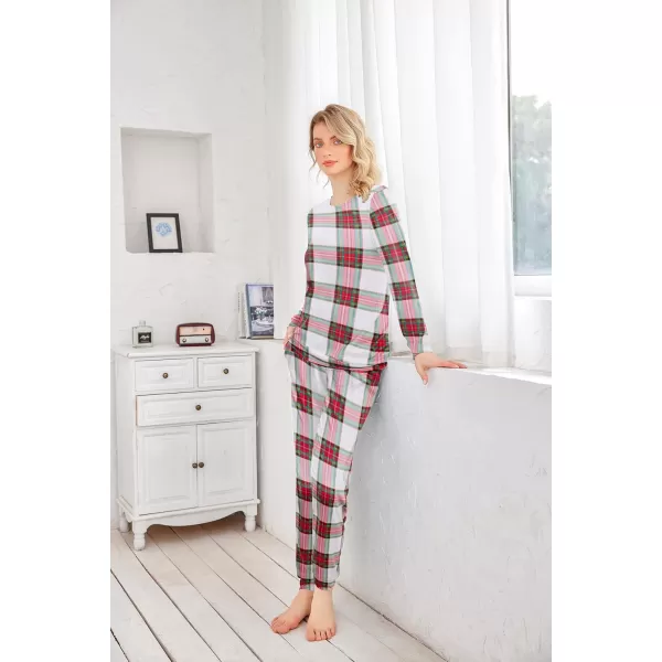 Ekouaer Womens Jogger Pajama Sets Long Sleeve Sleepwear Round Neck Nightwear Soft Pjs Lounge Sets with PocketsWhite Red Green Plaid