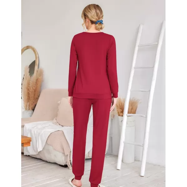 Ekouaer Womens Jogger Pajama Sets Long Sleeve Sleepwear Round Neck Nightwear Soft Pjs Lounge Sets with PocketsWine Red