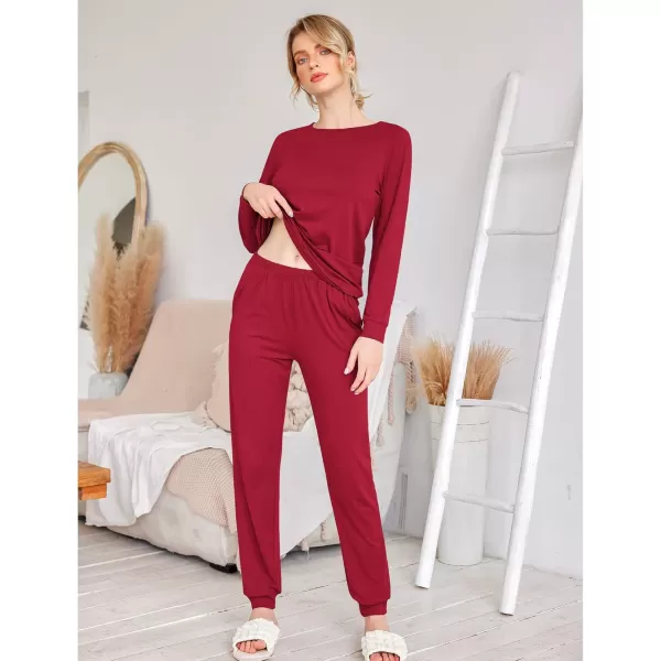 Ekouaer Womens Jogger Pajama Sets Long Sleeve Sleepwear Round Neck Nightwear Soft Pjs Lounge Sets with PocketsWine Red