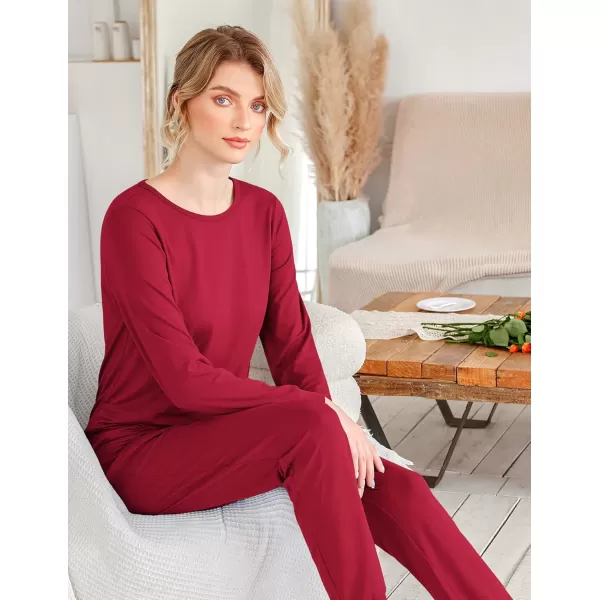 Ekouaer Womens Jogger Pajama Sets Long Sleeve Sleepwear Round Neck Nightwear Soft Pjs Lounge Sets with PocketsWine Red