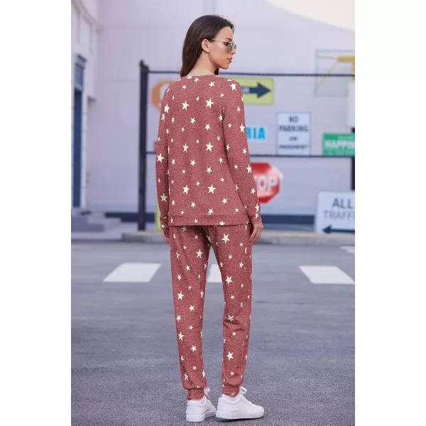 Ekouaer Womens Jogger Pajama Sets Long Sleeve Sleepwear Round Neck Nightwear Soft Pjs Lounge Sets with PocketsWine Red White Star