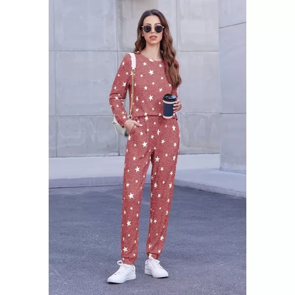 Ekouaer Womens Jogger Pajama Sets Long Sleeve Sleepwear Round Neck Nightwear Soft Pjs Lounge Sets with PocketsWine Red White Star