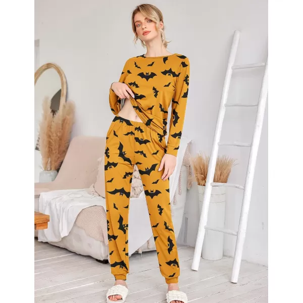 Ekouaer Womens Jogger Pajama Sets Long Sleeve Sleepwear Round Neck Nightwear Soft Pjs Lounge Sets with PocketsYellow Halloween