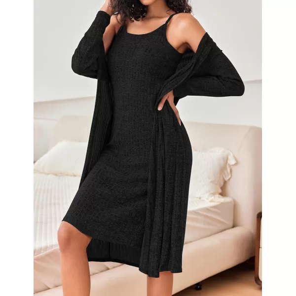 Ekouaer Womens Knit Robe Set 2 Piece Nightgown with Robes Long Sleeves Lounge Sets with Pockets S3XLBlack