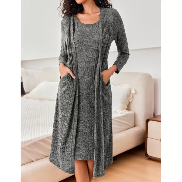 Ekouaer Womens Knit Robe Set 2 Piece Nightgown with Robes Long Sleeves Lounge Sets with Pockets S3XLBlack Gray